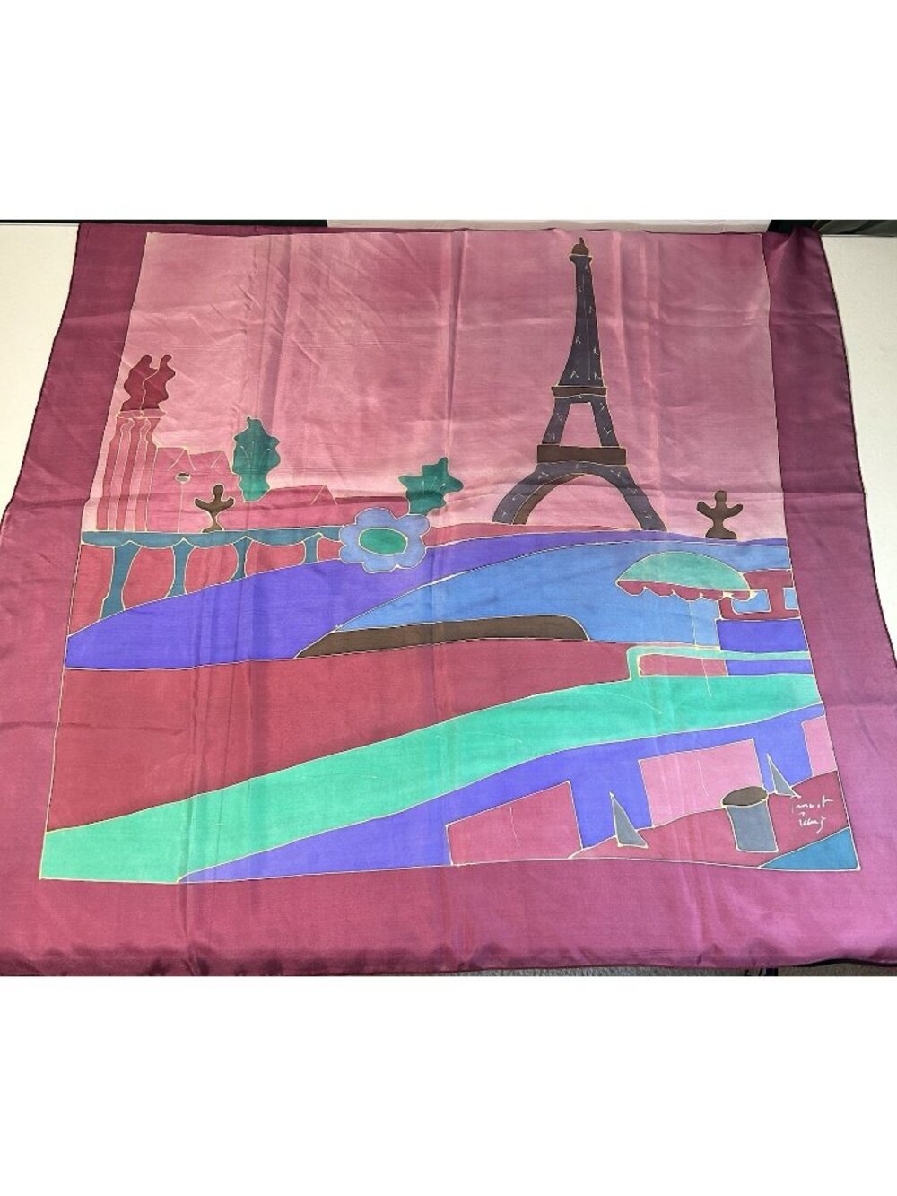 Vtg Stylized Eiffel Tower Paris France Silk Scarf 33" Sq Hand Painted Signed